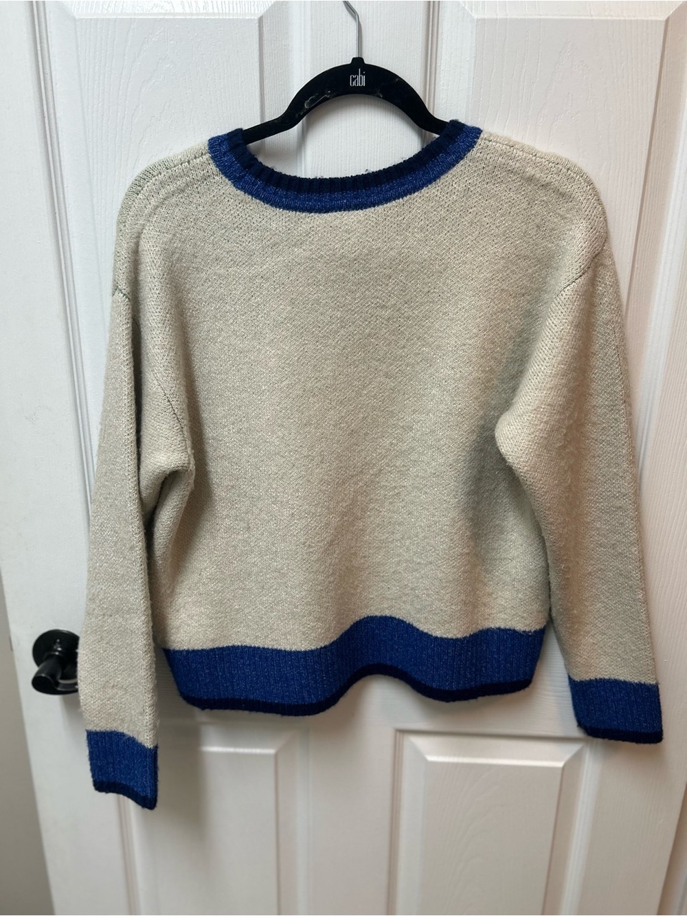 CAbi Sandy Shores Cream Sweater with Intarsia Green Lobster Motif and Blue Trim - Picture 5 of 5